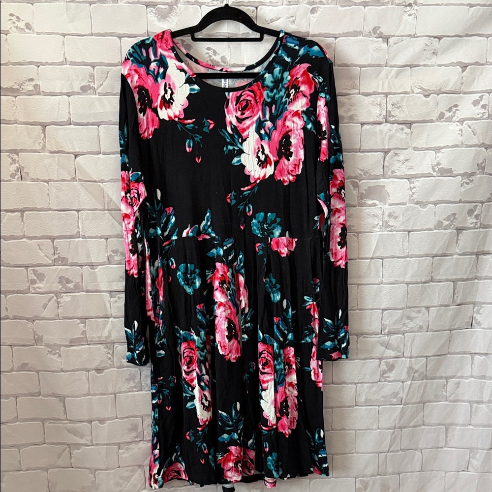 Black Floral Long-Sleeve A-Line Dress with Pink Roses